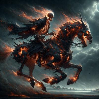 The primary subject of the image is a skeleton riding a black horse. The setting is a dark, cloudy sky, which adds to the overall mood of the scene. The visual style is a digital art or illustration, as the skeleton and horse are depicted in a detailed and artistic manner. The dominant colors are black and orange, which create a dramatic and intense atmosphere.